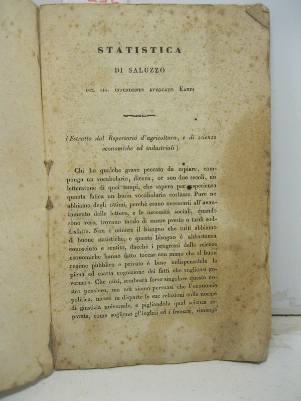 Statistica di Saluzzo del Sig. Intendente Avvocato Eandi. (Estratto dal Repertorio d'agricoltura, e di scienze economiche ed industriali).