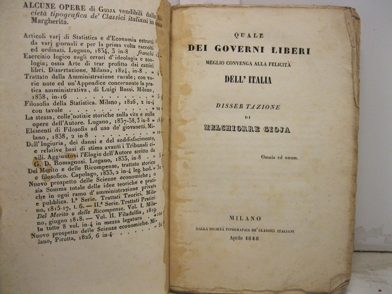 Quale dei governi liberi meglio convenga alla felicità dell'Italia. Dissertazione.