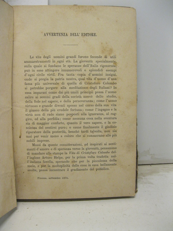 Vita di Cristoforo Colombo. Prima traduzione dall'inglese.