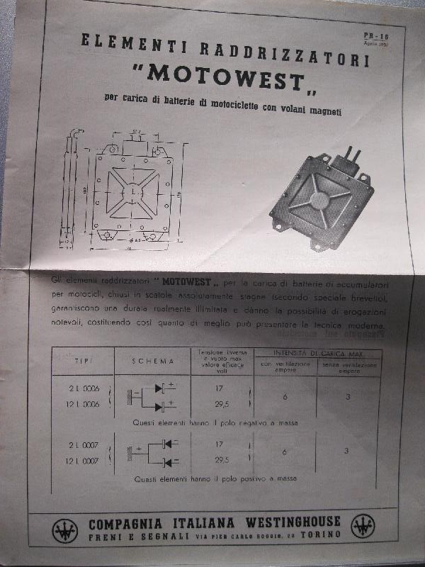 Elementi raddrizzatori Motorwest per carica di batterie di motociclette con volani magneti. Compagnia italiana Westinghouse, Torino