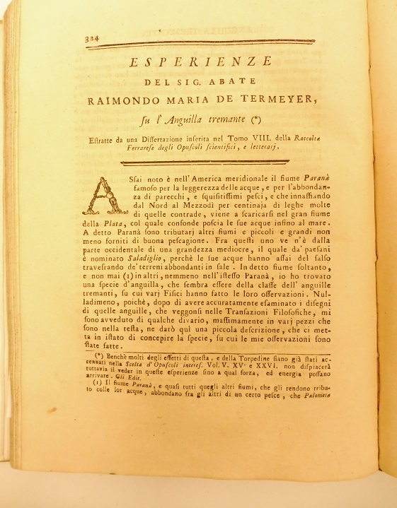 Esperienze del sig. abate Raimondo Maria De Termeyer su l'anguilla tremante estratte da una Dissertazione inserita nel tomo VIII della Raccolta Ferrarese degli Opuscoli scientifici...