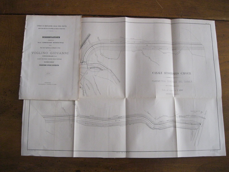 Canale di derivazione dalla Dora Baltea presso il ponte della ferrovia Torino-Milano per alimentare il canale Cavour. Dissertazione presentata alla Commissione esaminatrice della Regia Scuola d'Applicazione per gl'Ingegneri in Torino da Voglino Giovanni di Rivalta Bormida (Acqui) allievo del Reale Collegio delle Province