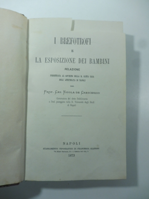 I brefotrofi e la esposizione dei bambini. Relazione presentata al Governo della R. Santa casa dell'Annunziata di Napoli