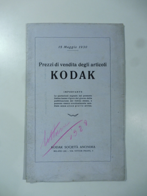 Prezzi di vendita degli articoli Kodak. 15 maggio 1930. (Listino prezzi non illustrato)