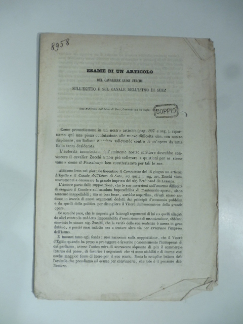 Esame di un articolo del cavaliere Luigi Zucchi sull'Egitto e sul canale dell'istmo di Suez