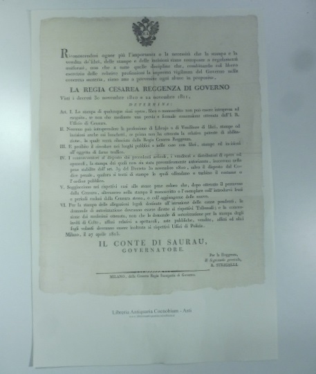 RIPRODUZIONE di: Riconoscendosi... l'importanza che la stampa e la vendita de' libri delle stampe... siano sottoposte a regolamenti uniformi...