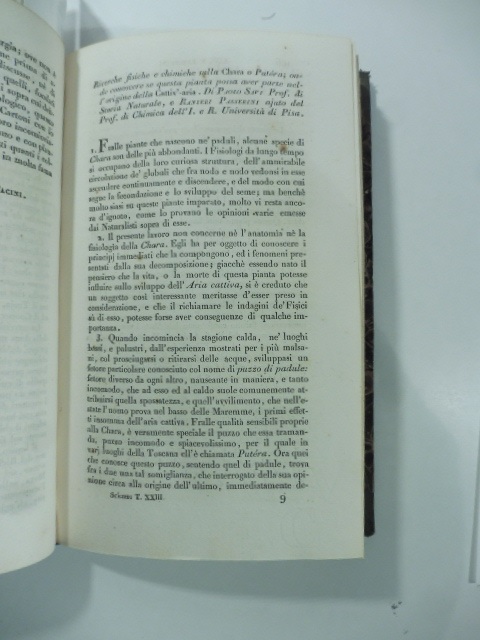 Ricerche fisiche e chimiche sulla chara o putera onde conoscere se questa pianta possa aver parte nell'origine della Cattiv' aria. Di Paolo Savi... e Ranieri Passerini...(Stralcio da: Nuovo giornale de' lettrati. N. 59. 1831)